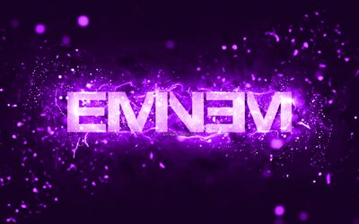 Eminem violet logo, 4k, american rapper, violet neon lights, creative, violet abstract background, Marshall Bruce Mathers III, Eminem logo, music stars, Eminem