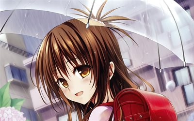 4k, Mikan Yuuki, girl with umbrella, Momo Velia Deviluke, rain, To LOVE-Ru, artwork, Yuki Mikan, manga, princess