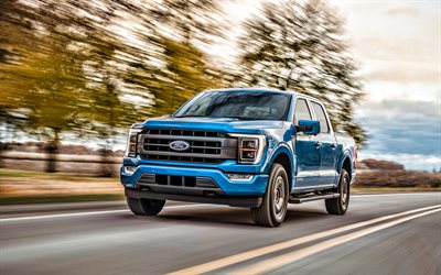2021, Ford F-150, 4k, front view, exterior, new blue F-150, American cars, Ford