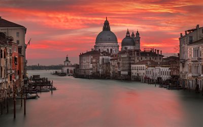 Venice, Grand Canal, San Marco, St Marks Basilica, Patriarchal Cathedral Basilica of Saint Mark, evening, sunset, red sky, cathedral, Italy