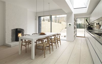 design de interiores de cozinha elegante, interior moderno, cozinha branca, lareira na cozinha, ideia para sala de jantar, casa de campo, paredes brancas na cozinha, lareira de tijolo branco