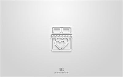 Bed 3d icon, white background, 3d symbols, Bed, hotel icons, 3d icons, Bed sign, hotel 3d icons