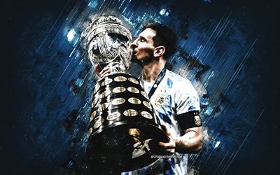 Lionel Messi, Argentina national football team, Copa America cup, Messi with cup, 2021 Copa America winners, blue stone background, grunge art, football