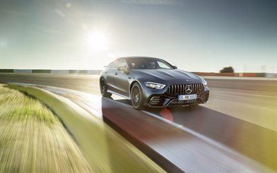 Mercedes-AMG GT4 Ovi Coupe, 2018, CLS-tuning, urheilu sedan, ulkoa, uusi musta matta CLS, Saksan autoja, kilparadalla, Mercedes