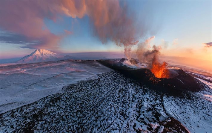 volcanic eruption, winter, mountains, volcano, lava