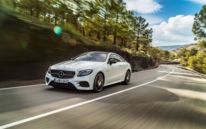 Mercedes-Benz E-Class Coupe, AMG, 2017 cars, movement, white Mercedes