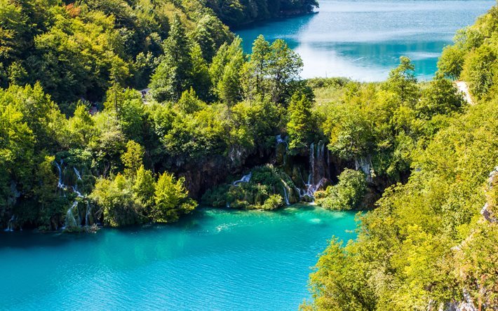 Plitvice Lakes, vattenfall, 4k, skogen, sj&#246;ar, Kroatien, Europa