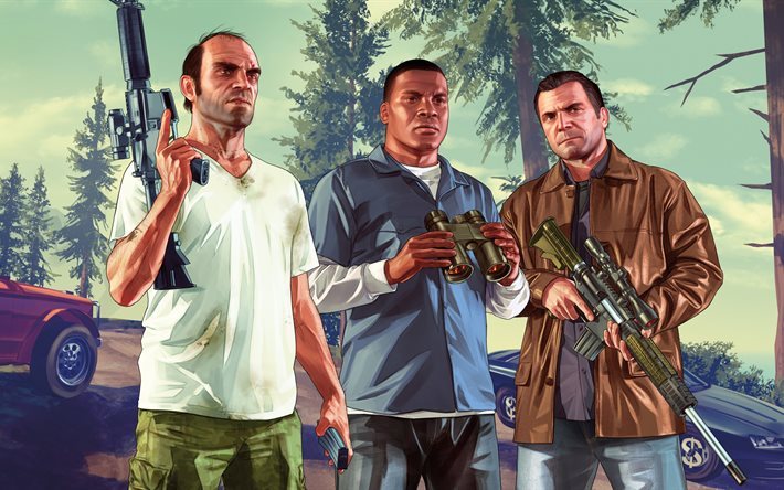 Franklin, Trevor, Michael, 4k, GTA 5, merkki&#228;, Grand Theft Auto V