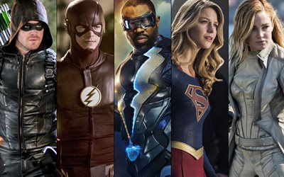 Green Arrow, Flash, Black Lightning, Supergirl, 2018 movie, superheroes, collage