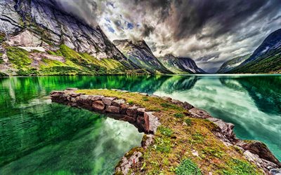 Norway, HDR, beautiful nature, mountains, fjord, emerald water, Europe, Norwegian nature