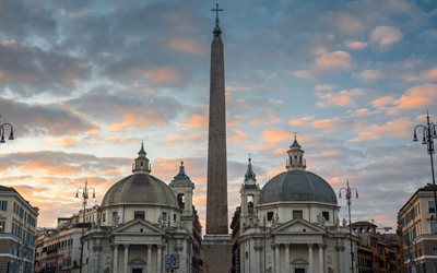 Piazza del Popolo, Rom, egyptisk obelisk av Ramesses II, torg i Rom, landm&#228;rke, Santa Maria i Montesanto, Santa Maria dei Miracoli, Italien