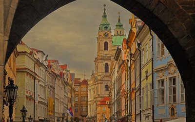 Mala Strana, Prague, soir&#233;e, chapelle, b&#226;timents anciens, paysage urbain de Prague, R&#233;publique Tch&#232;que