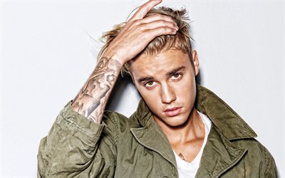 Justin Bieber, Kanadalı şarkıcı, portre, fotoğraf &#231;ekimi, yeşil ceket, pop&#252;ler şarkıcılar