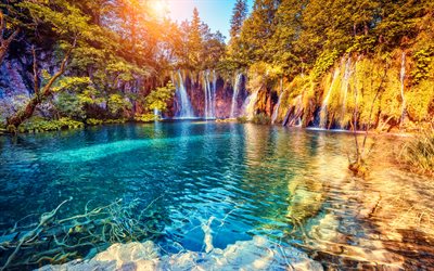 Croatia, waterfalls, Plitvice Lakes National Park, croatian landmarks, beautiful nature, autumn, HDR, Croatian landmarks, Croatian nature, Europe