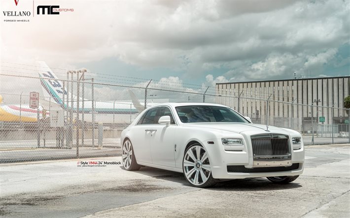 Rolls-Royce Ghost, Vellano llantas, tuning, 2016 coches, coches de lujo, blanco fantasma, Rolls-Royce