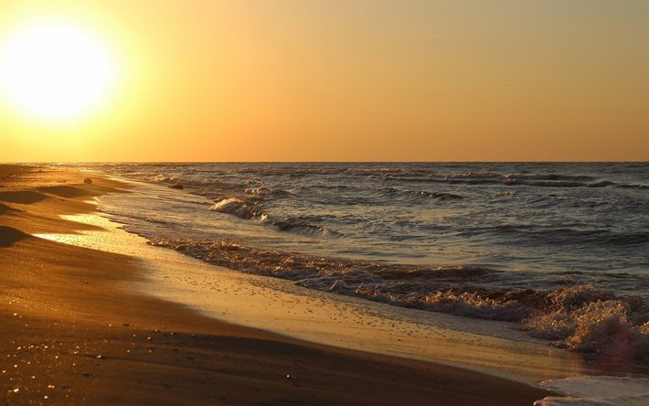 Sunset, ocean, coast, beach, sand, evening, sun, waves