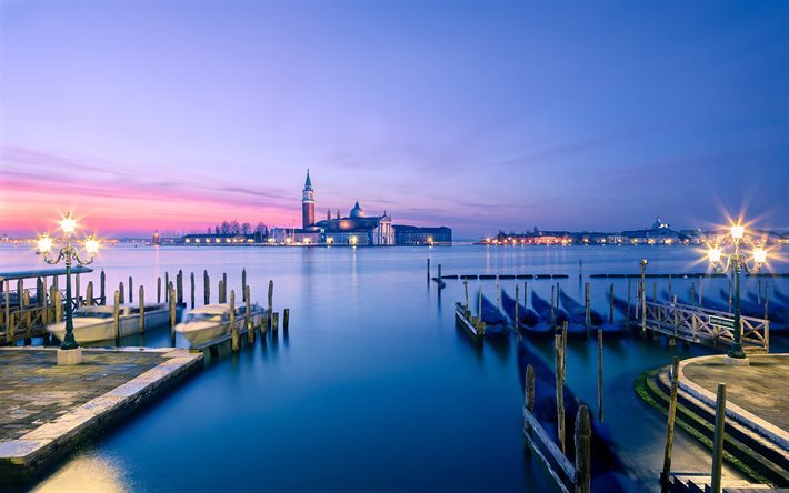 San Giorgio Maggiore, pier, gondolas, Venice, Italy