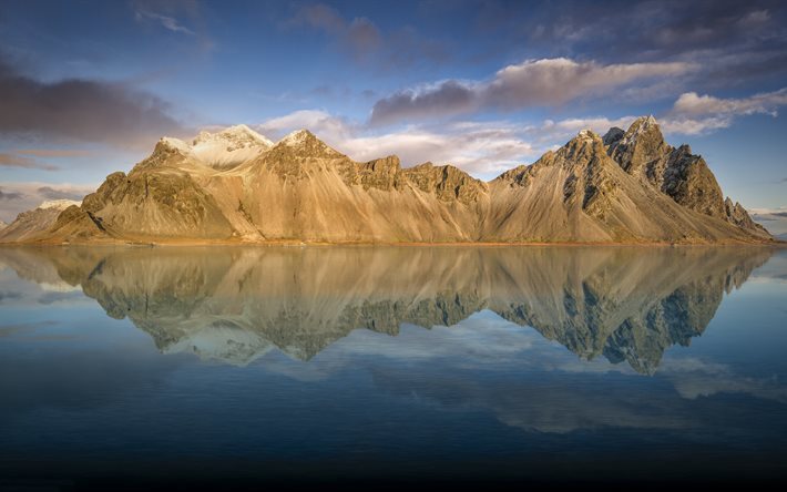 Vestrahorn, 5k, 山々, 反射, 湖, アイスランド