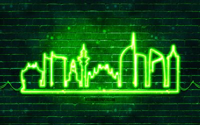 Milan green neon silhouette, 4k, green neon lights, Milan skyline silhouette, green brickwall, italian cities, neon skyline silhouettes, Italy, Milan silhouette, Milan