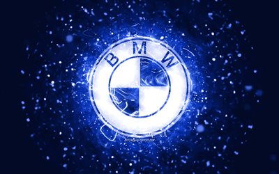 BMW dark blue logo, 4k, dark blue neon lights, creative, dark blue abstract background, BMW logo, cars brands, BMW