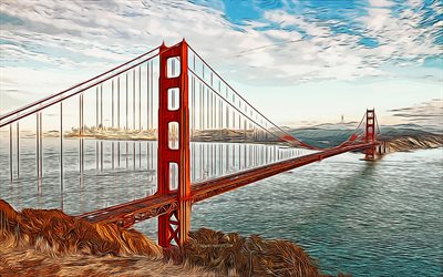 جسر البوابة الذهبية, 4k, مجردة citiscapes, ناقلات الفن ،, أمريكا المعالم, الإبداعية, أمريكا الجذب السياحي, جسر البوابة الذهبية الرسم, سان فرانسيسكو, الولايات المتحدة الأمريكية, أمريكا