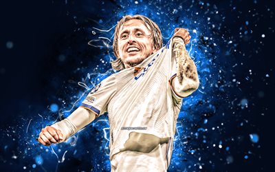 4k, Luka Modric, 2022, blue neon lights, Real Madrid FC, croatian footballers, La Liga, soccer, football, Real Madrid CF, LaLiga, Luka Modric 4K, Luka Modric Real Madrid