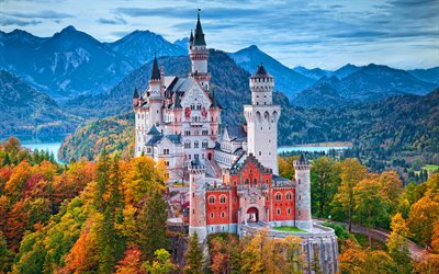 قلعة نويشفانشتاين, الخريف, قلعة جميلة, جبال الألب البافارية, الألمانية المعالم, المناظر الطبيعية الجبلية, schwangau, hdr, بافاريا, ألمانيا, أوروبا