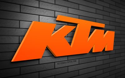 ktm 3d logo, 4k, cinza brickwall, criativo, motocicletas marcas, ktm logo, arte 3d, ktm