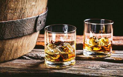 whiskey on ice, wood barrel, whiskey glasses, ice cubes, whiskey