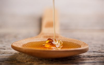 verser du miel, cuill&#232;re avec du miel, bonbons, miel, concepts de miel, cuill&#232;re en bois