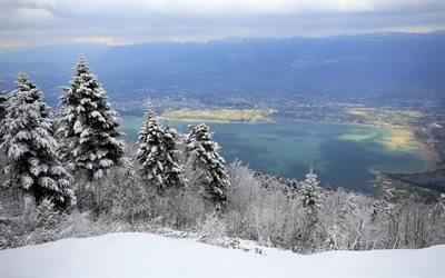 Lake Bourget, Lac du Bourget, Grey Lake, winter, snow, mountain landscape, Savoie, France