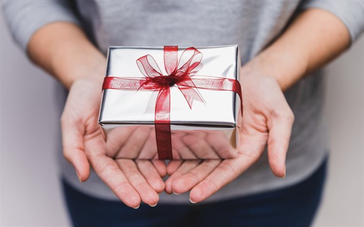 geschenk in der hand, geschenk-box, rot, band, romantisches geschenk