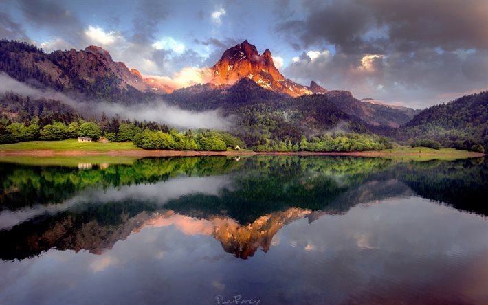 lago de monta&#241;a, puesta del sol, monta&#241;a, bosque, paisaje, nubes, niebla