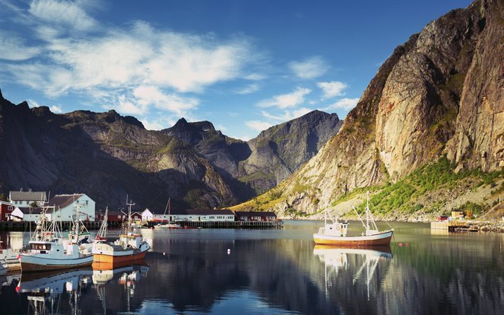 Pura, bay, pier, montanha, Ilhas Lofoten, ver&#227;o, Noruega