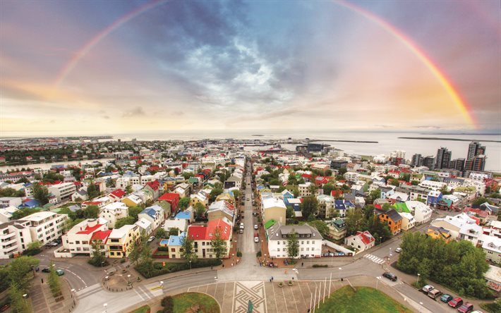 Islandia, arco iris, paisaje urbano, edificios, HDR
