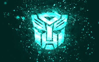 Transformers turquoise logo, 4k, turquoise neon lights, creative, turquoise abstract background, Transformers logo, cinema logos, Transformers