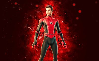 No Way Home Spider-Man, 4k, red neon lights, Fortnite Battle Royale, Fortnite characters, No Way Home Spider-Man Skin, Fortnite, No Way Home Spider-Man Fortnite
