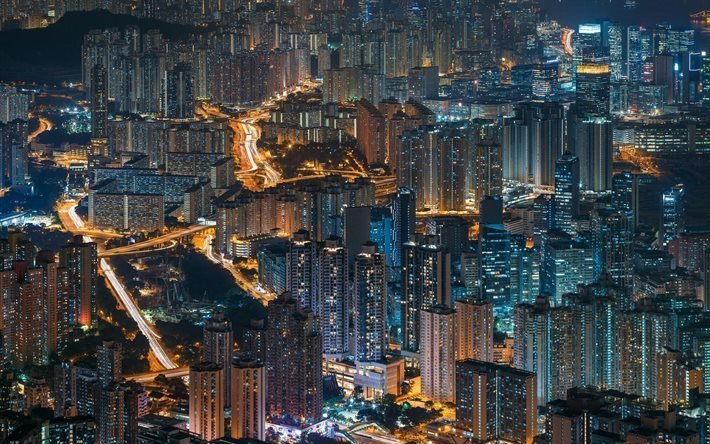 Hong Kong, noite, luzes da cidade, China, arranha-c&#233;us, &#193;sia