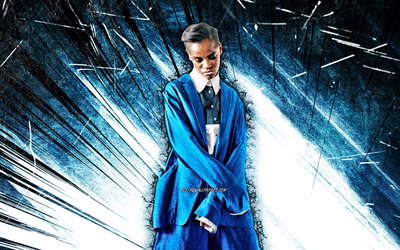 4k, Letitia Wright, grunge art, british actress, beauty, Letitia Michelle Wright, blue abstract rays, british celebrity, Letitia Wright 4K