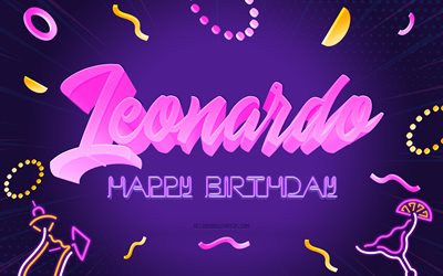 Happy Birthday Leonardo, 4k, Purple Party Background, Leonardo, creative art, Happy Leonardo birthday, Leonardo name, Leonardo Birthday, Birthday Party Background