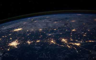 Terra vista do espa&#231;o, noite na Terra, luzes da cidade, vista da Terra vista do espa&#231;o, atmosfera
