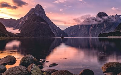 Milford Ses, G&#252;n batımı, Fiordland Milli Parkı, dağlar, Piopiotahi, Yeni Zelanda, g&#252;zel bir doğa