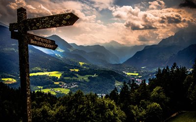 Berchtesgaden, Alpi, sera, tramonto, valle di montagna, paesaggio di montagna, foresta, Baviera, Germania