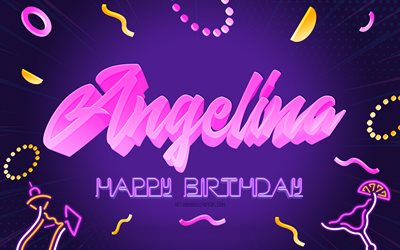 buon compleanno angelina, 4k, purple party background, angelina, arte creativa, buon compleanno di angelina, nome di angelina, compleanno di angelina, sfondo della festa di compleanno