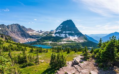 logan pass, 4k, estate, montagne, glacier national park, lago, bella natura, punti di riferimento americani, usa, america