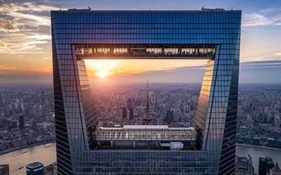 Shanghai World Financial Center, evening, sunset, skyscraper, Shanghai panorama, Oriental Pearl Tower, China, Shanghai cityscape