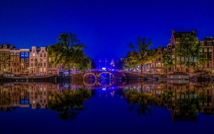 アムステルダム, 橋, 夜, オランダ