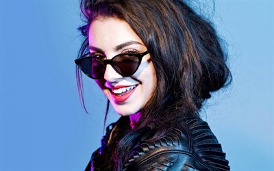 Charli XCX, Charlotte Emma Aitchison, British singer, black leather jacket, photo shoot, smile, make-up, girl in glasses