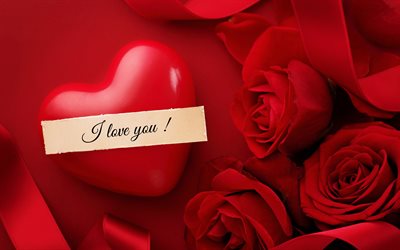 I love you, February 14, red heart, Valentines Day, red roses, romance, love background, love concepts, love greeting card