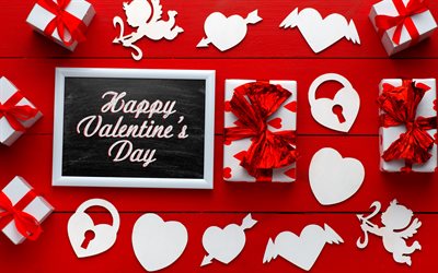 Happy Valentines day, carte de voeux, fond rouge, concepts d&#39;amour, cadeau de Saint Valentin, coffret blanc avec coeurs rouges